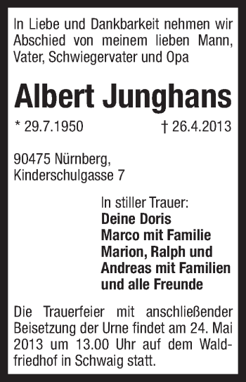 Traueranzeige von Albert Junghans von Pegnitz-Zeitung